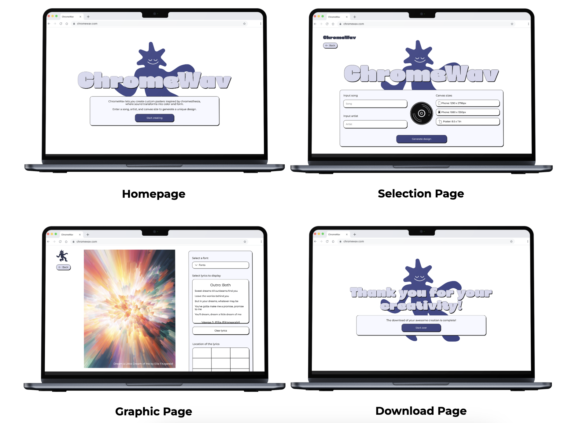 Four laptop mockups of the ChromeWav web app: Homepage, Selection, Graphic, and Download pages.