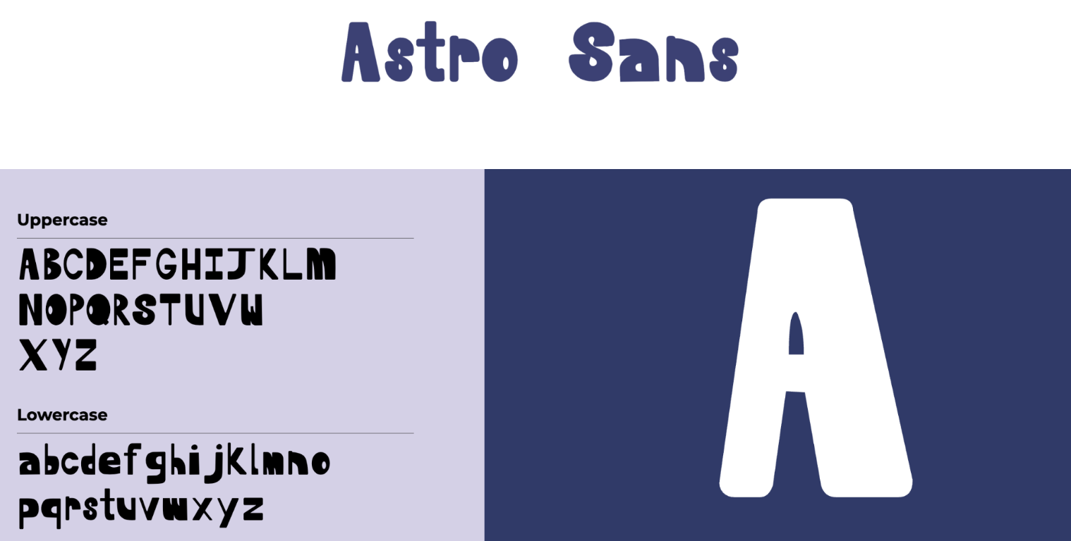 Type specimen for the Astro Sans font showing rounded upper and lowercase letters and a large A.