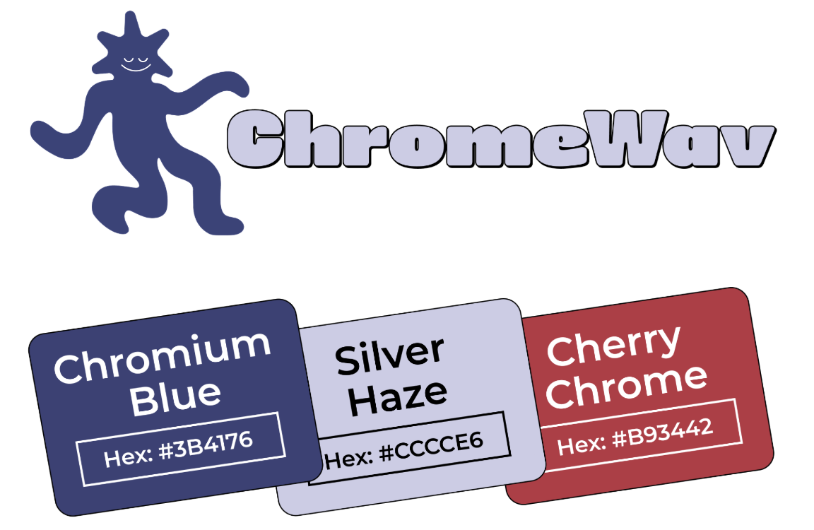 ChromeWav logo with a dancing blue star figure above three brand color swatches with hex codes.