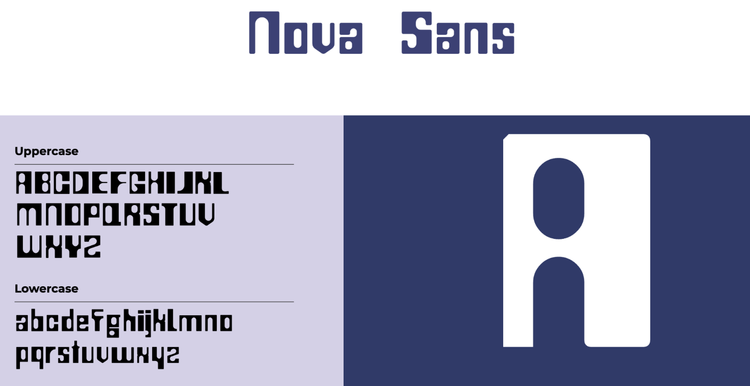 Type specimen for the Nova Sans font showing angular upper and lowercase letters and a large A.