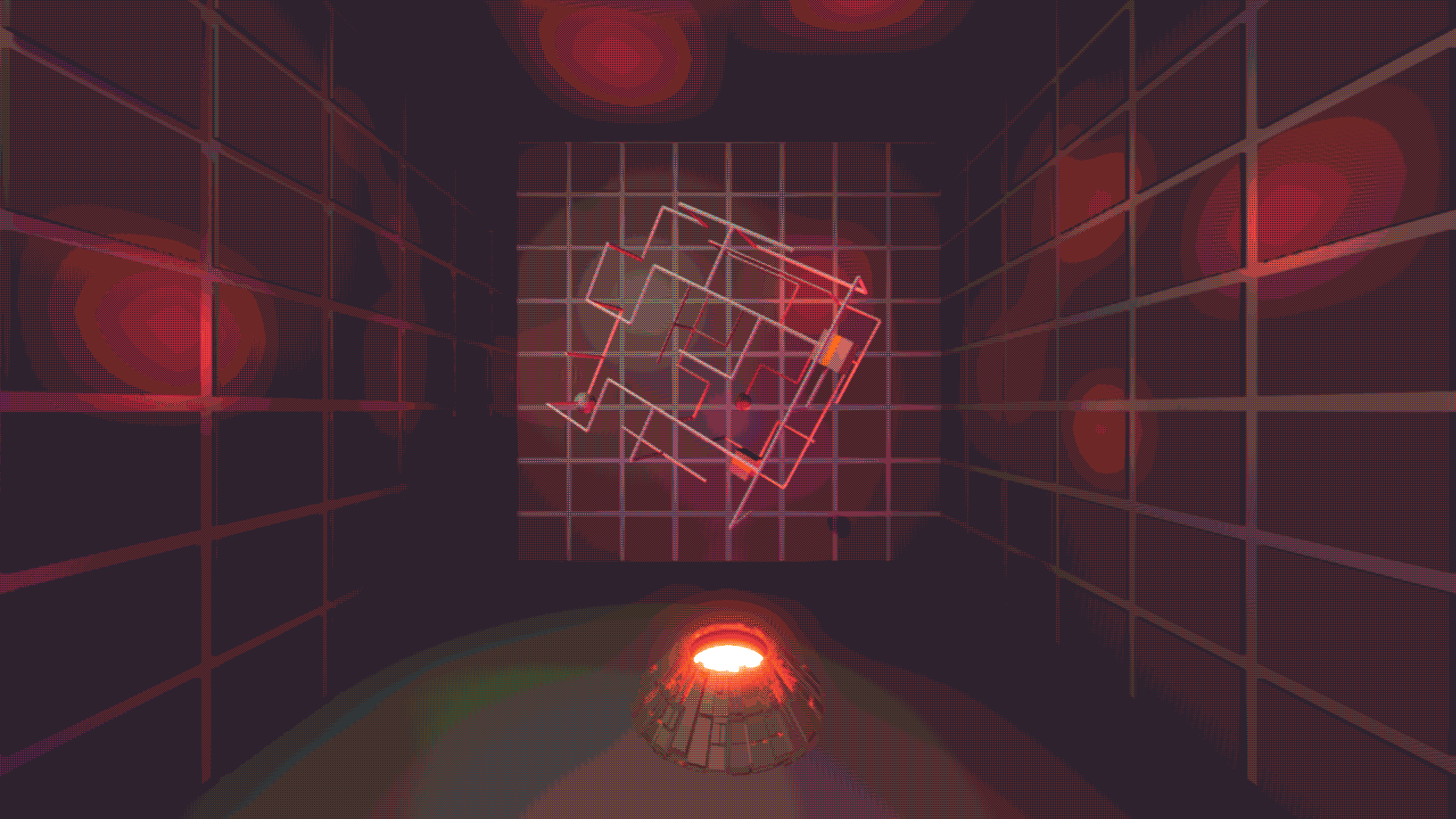 Surreal red-lit room with grid walls and a glowing tangle of geometric lines floating above a lamp.