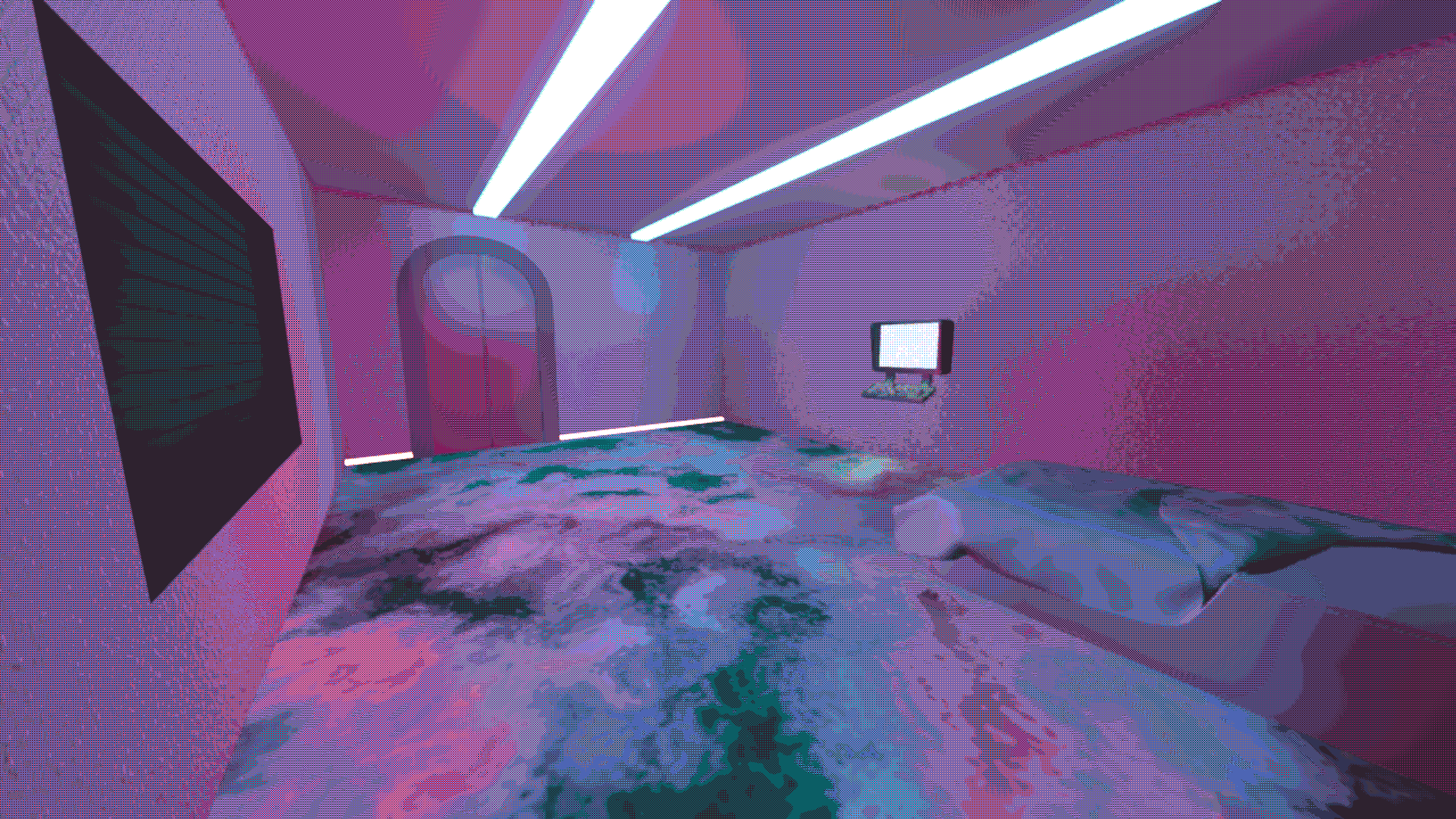 Distorted pink-and-teal first-person room with neon ceiling strips, an arched door, and a small monitor.