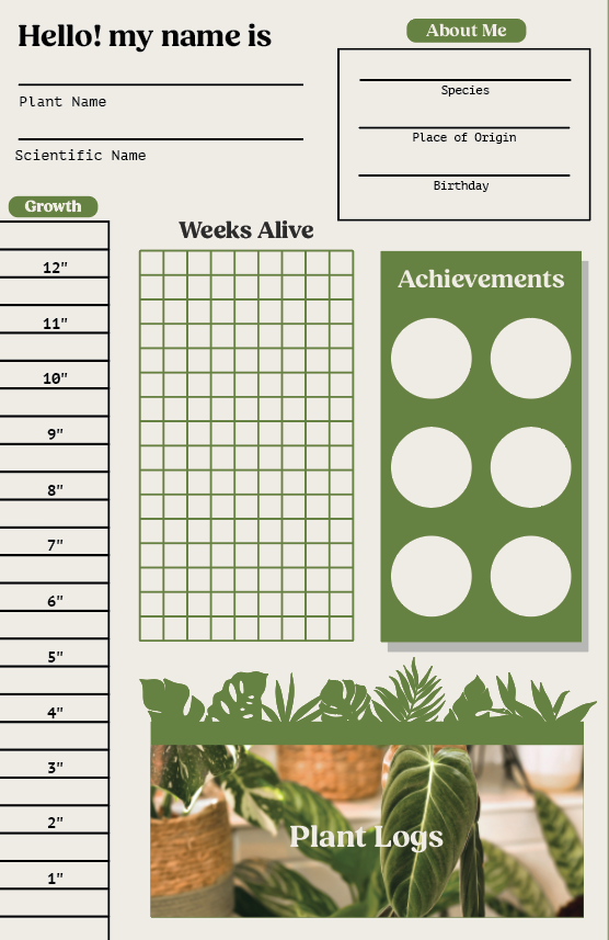 Plant journal page with fill-in name fields, a height-growth ruler, weeks-alive grid, and achievements.