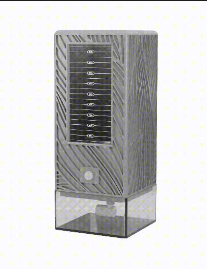 Render of the planter with a sunburst-textured shell, percentage-marked soil window, and clear water base.