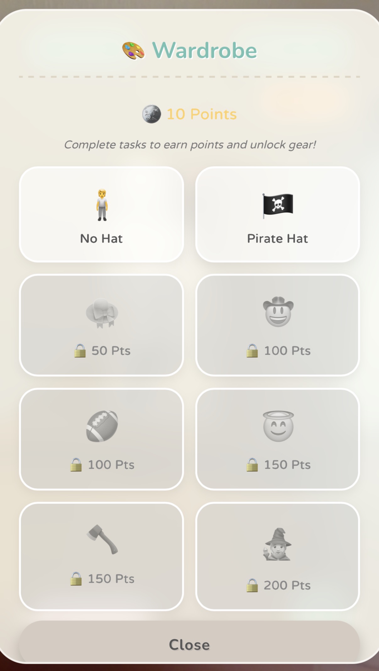 Ankor Wardrobe screen showing hats to unlock with earned points, most still locked.