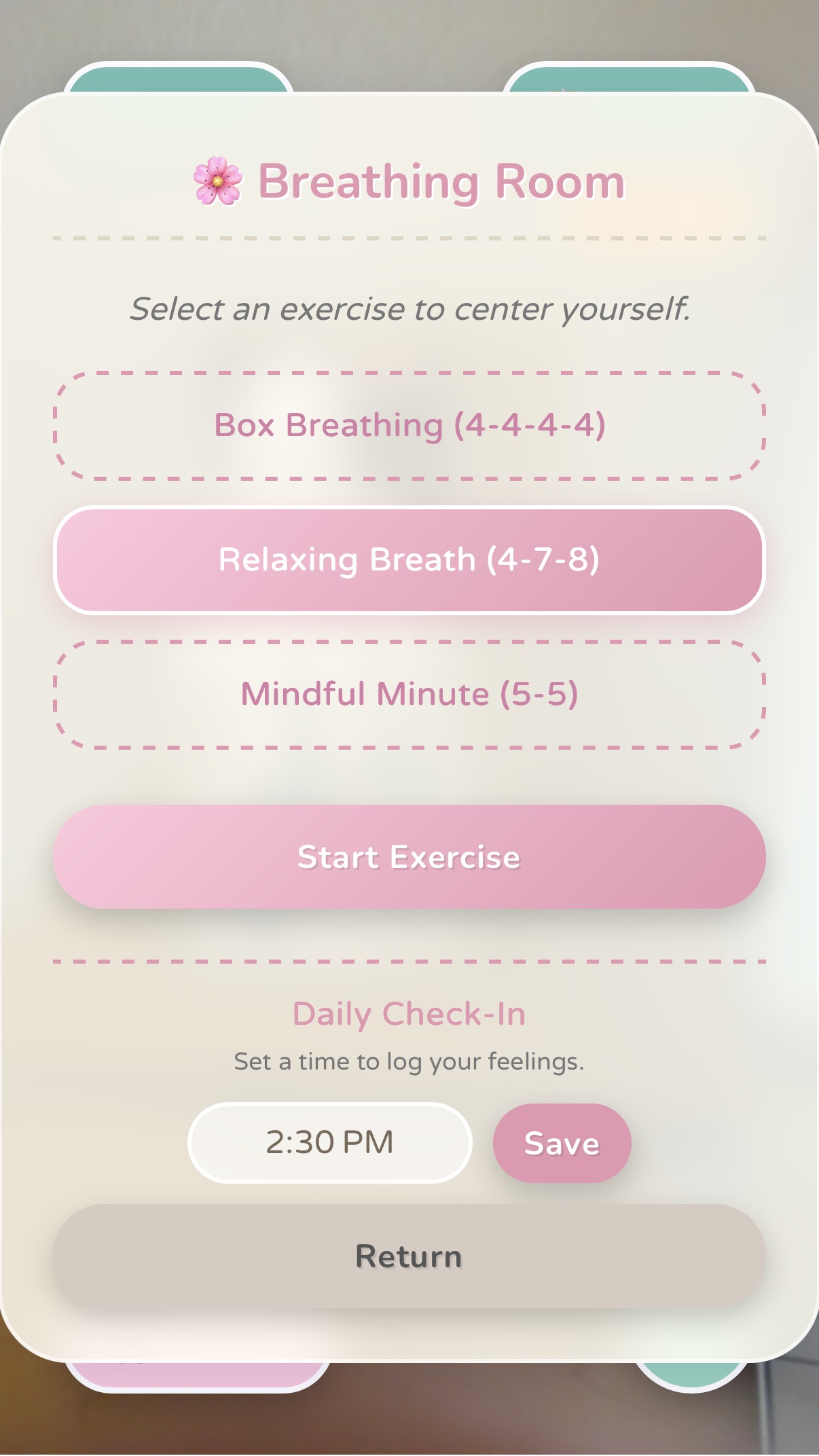 Ankor Breathing Room screen offering box breathing, relaxing breath, and mindful minute exercises.