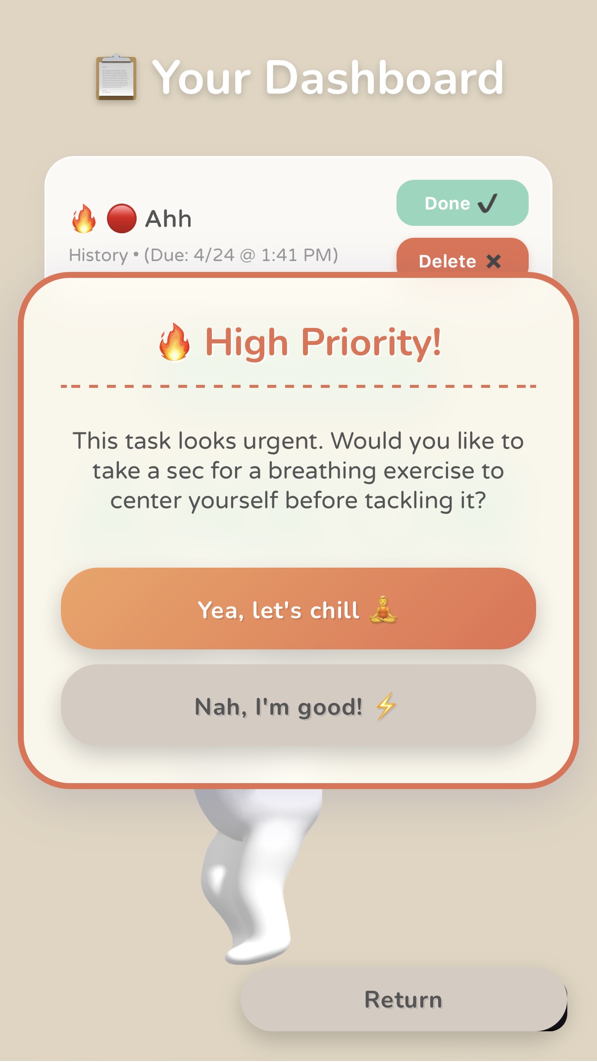 Ankor app dashboard with a high-priority task popup offering a calming breathing exercise.