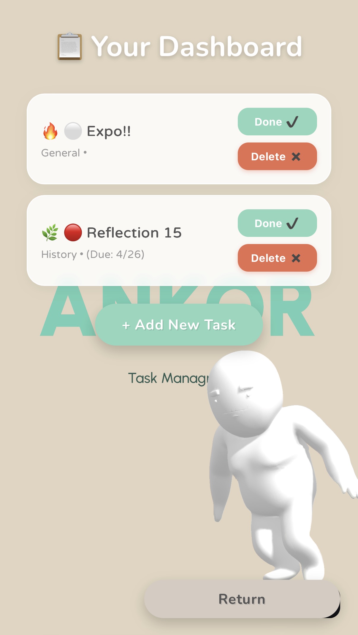 Ankor dashboard listing tasks Expo and Reflection 15 above a white 3D mascot and Add New Task button.