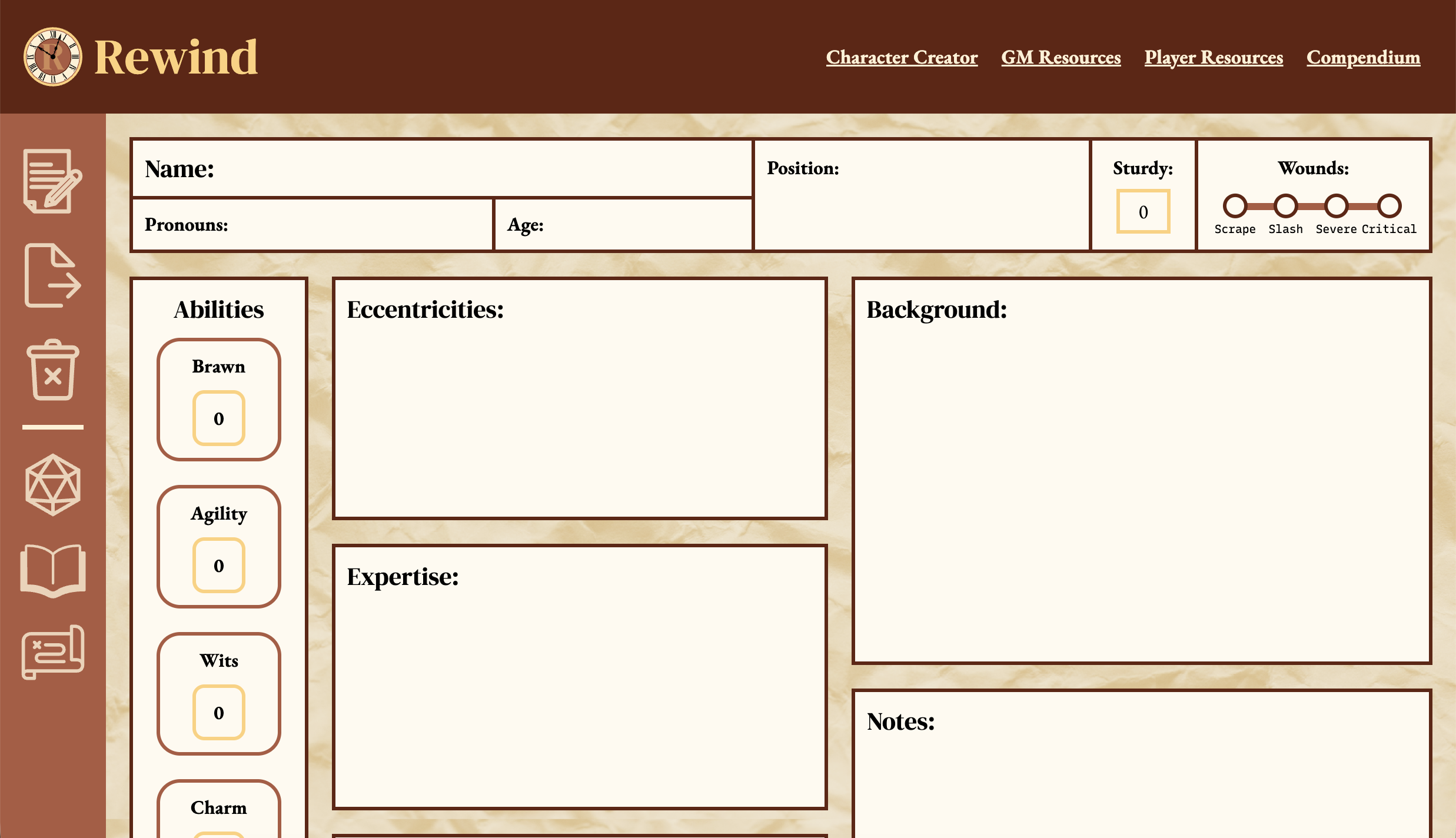 Rewind web character-creator sheet with fields for name, abilities, eccentricities, expertise, and background.