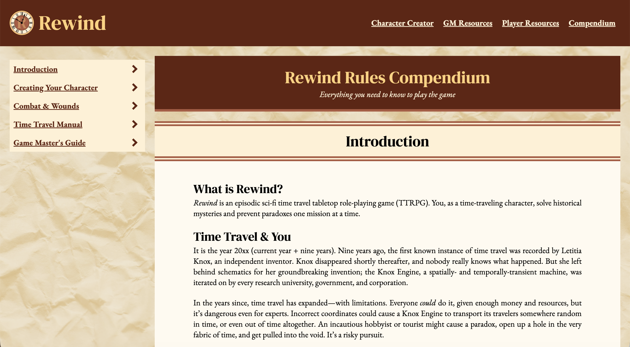 Rewind Rules Compendium webpage with a sidebar menu and an introduction explaining the time-travel TTRPG.