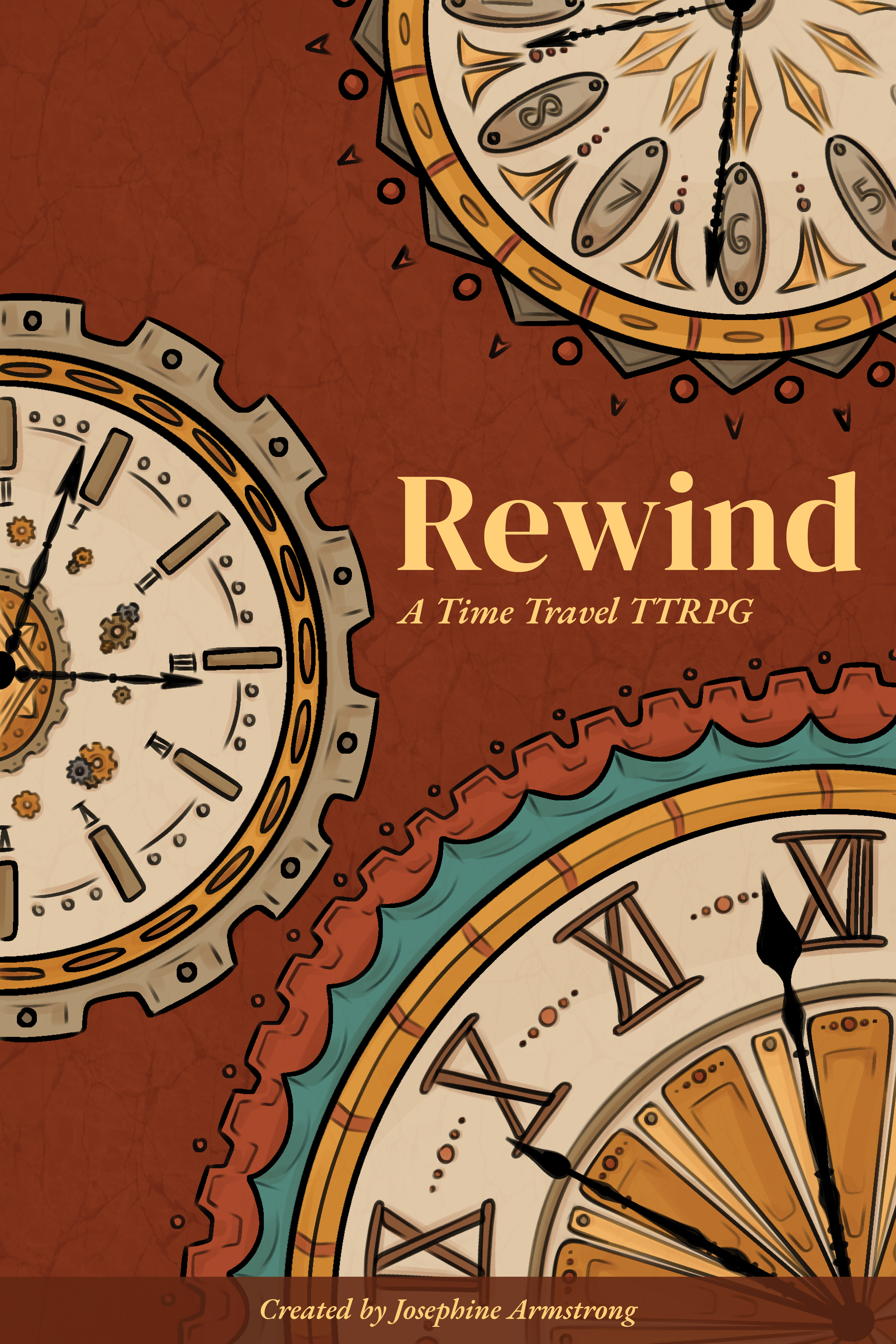 Rewind rulebook cover, A Time Travel TTRPG, decorated with ornate antique clock faces and gears.