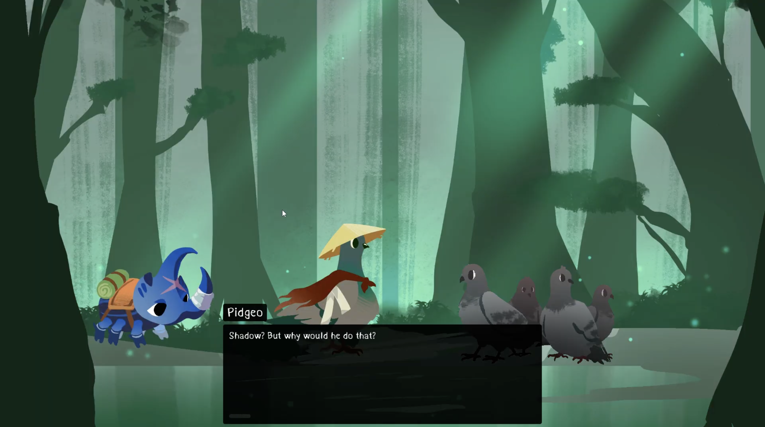 Misty forest cutscene; Pidgeo the pigeon and a blue beetle face a flock of grey pigeons during dialogue.