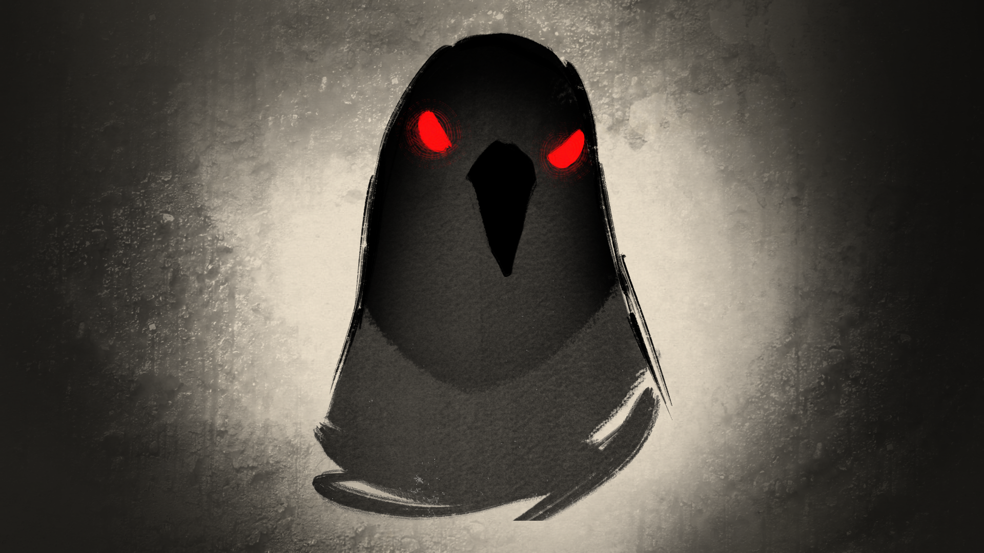 Ominous dark pigeon silhouette with glowing red eyes against a smoky grey background.