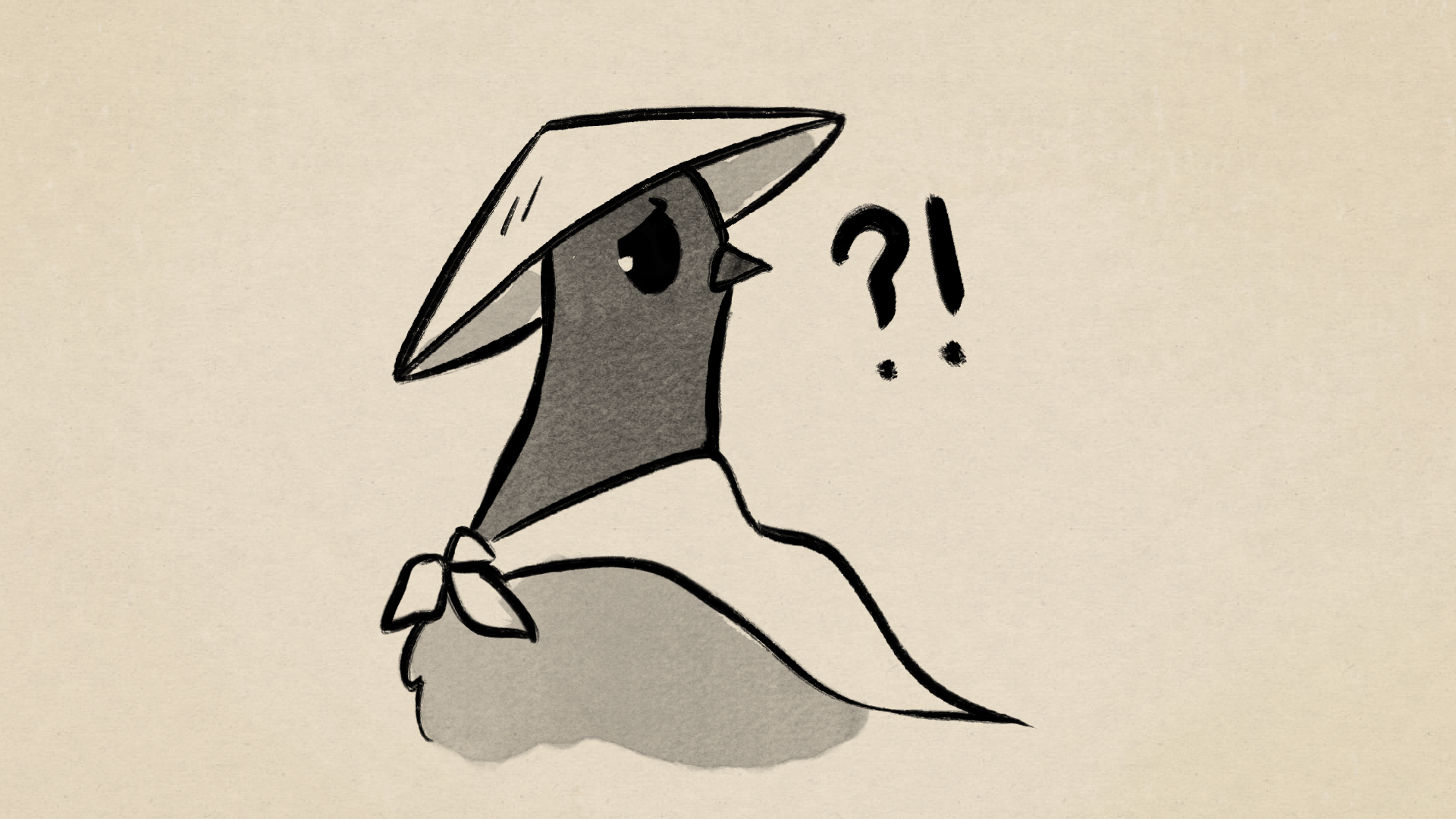 Sketch of a pigeon in a conical straw hat looking puzzled beside a question mark and exclamation point.