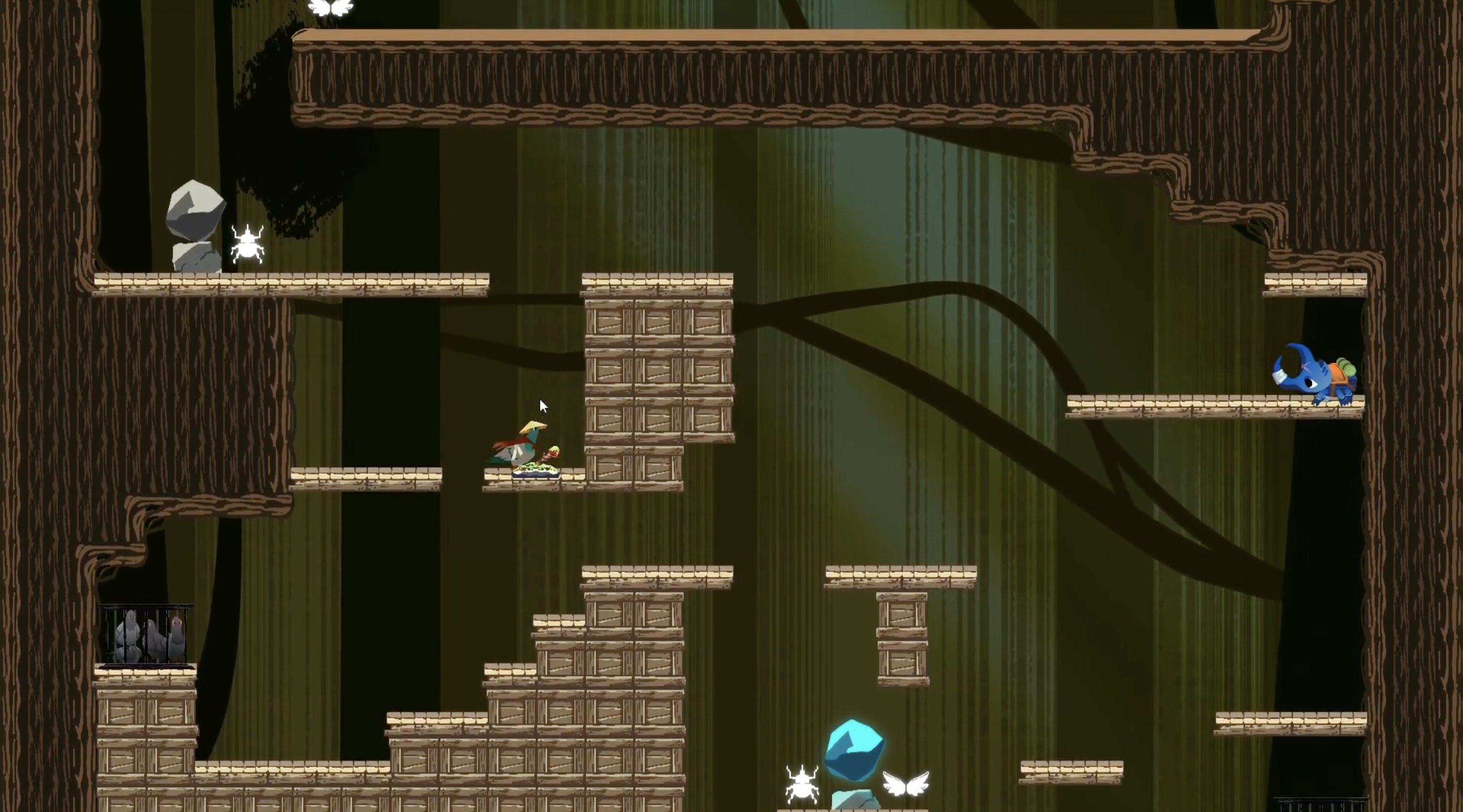 Platformer level in a dim forest with stacked wooden-crate platforms, the pigeon and beetle characters apart.