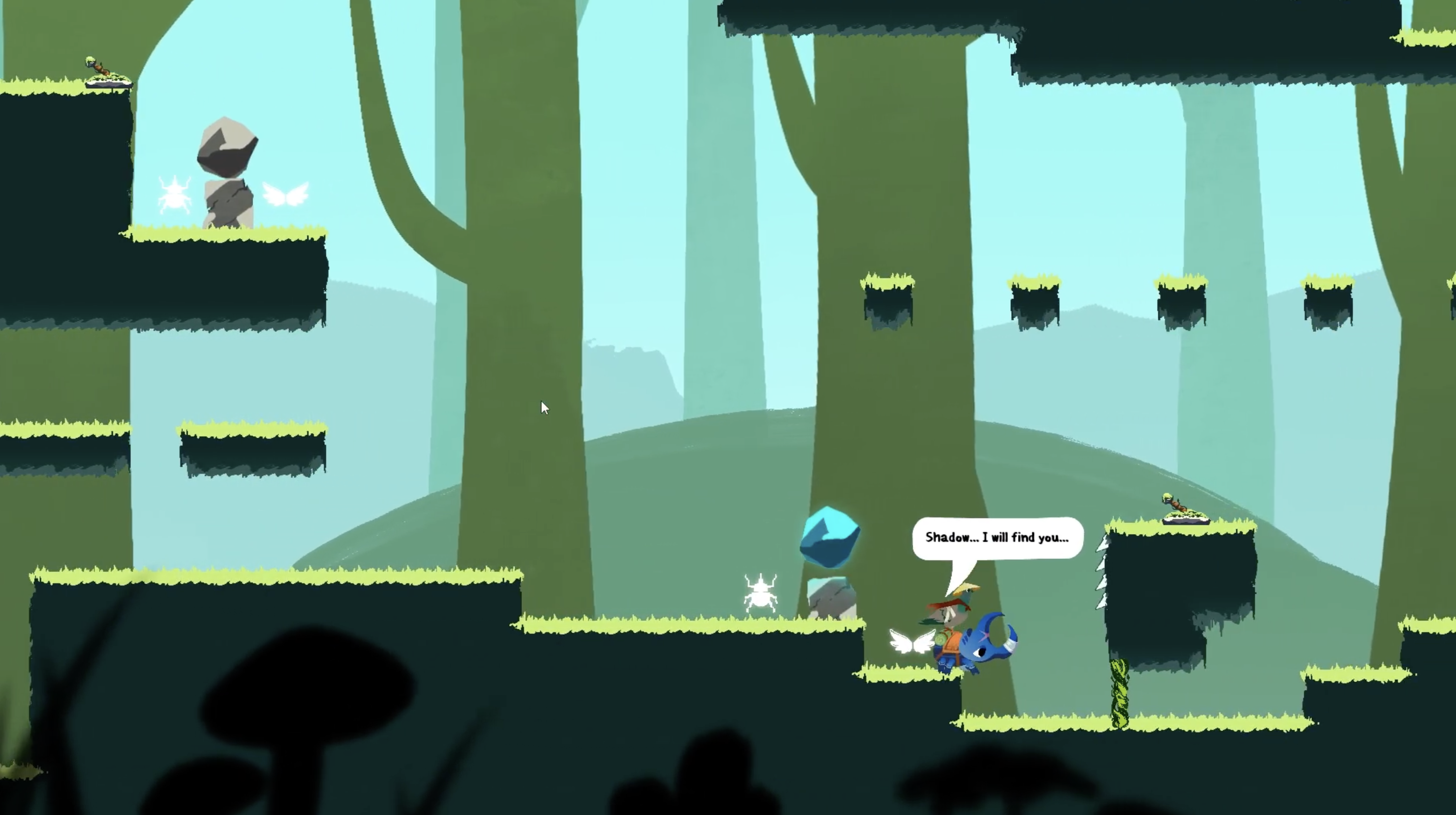 Side-scrolling platformer in a green forest; a hatted pigeon rides a blue beetle past floating platforms.