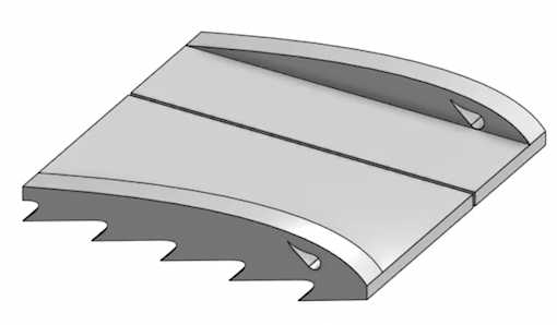 Grey CAD render of a curved traction cleat with a saw-tooth gripping edge and teardrop cutouts.