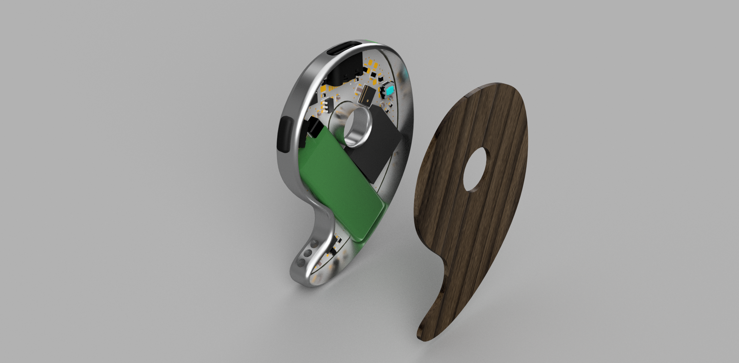 Exploded render of a comma-shaped device showing inner circuit board beside a wooden back cover.