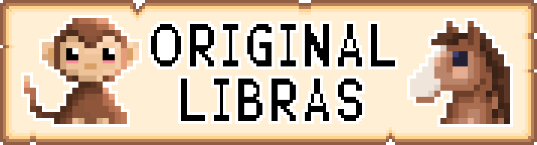 Pixel-art banner reading Original Libras flanked by a brown monkey and a horse.