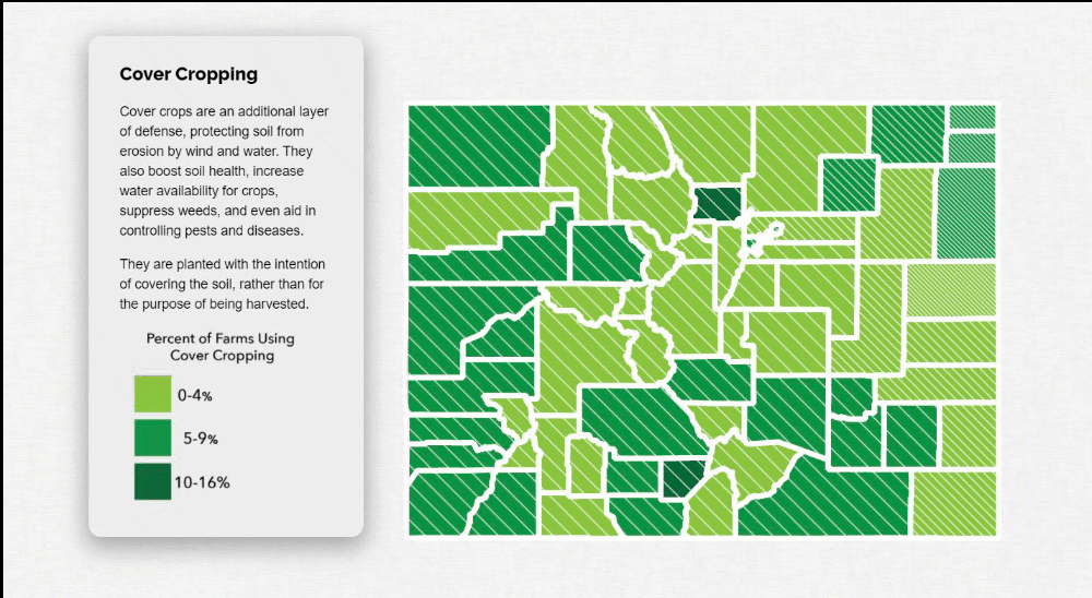 Green Colorado county map shading the percentage of farms using cover cropping.