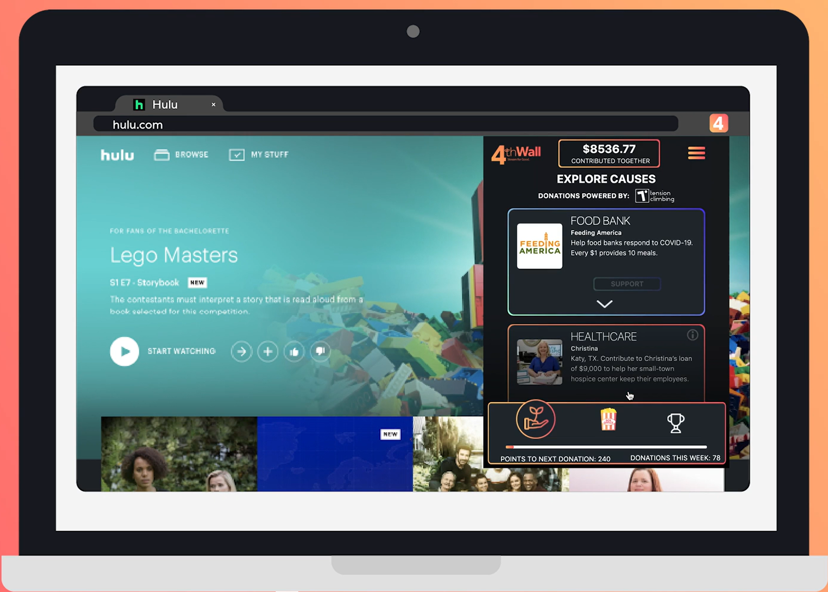 Laptop showing Hulu with the 4thWall donation sidebar listing charitable causes and total contributed.