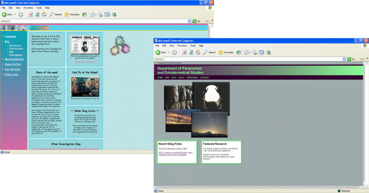 Two retro Internet Explorer windows: a cyan AURA Club page and a paranormal-studies department site.