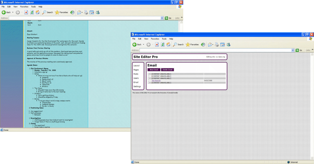 Retro Internet Explorer windows showing club meeting minutes and a Site Editor Pro email admin panel.