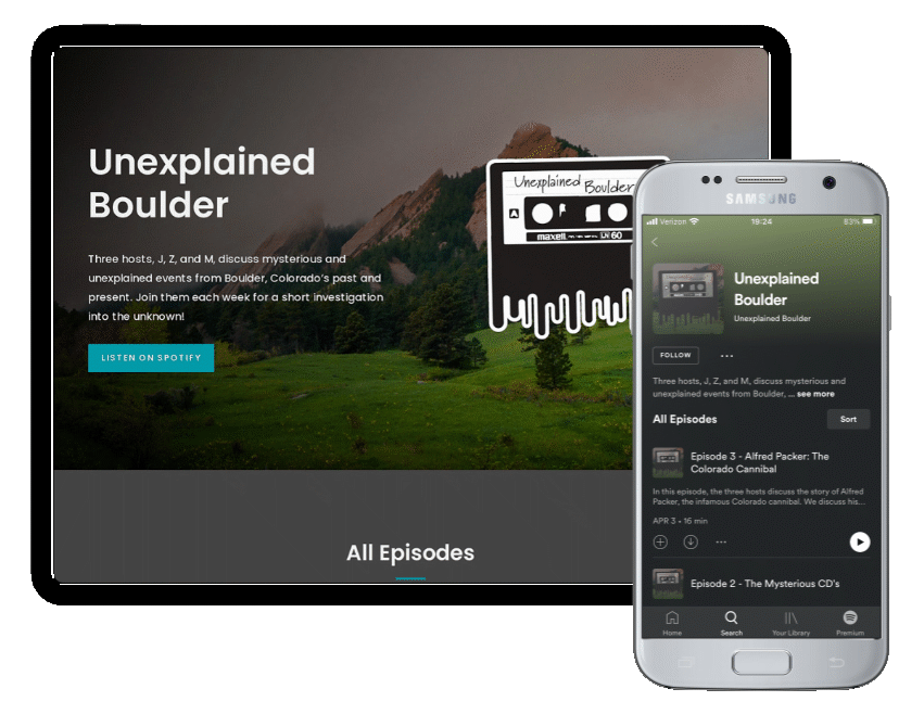Mockup of an Unexplained Boulder podcast website shown on a tablet and a Spotify phone screen.