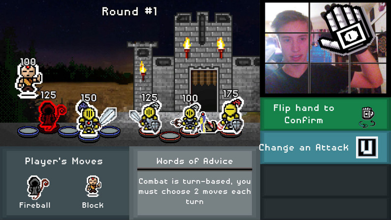 Pixel-art castle battle scene; webcam corner shows a hand gesture icon and combat tutorial text.