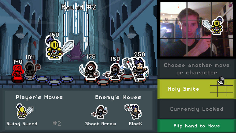Pixel-art turn-based battle screen with a webcam feed showing a player making a hand gesture.