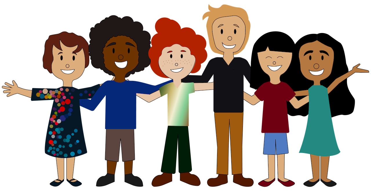 Cartoon illustration of six diverse smiling children standing arm-in-arm with arms outstretched.