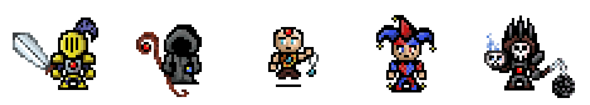 Row of five pixel-art RPG character sprites: knight, mage, fighter, jester, and skeletal boss.