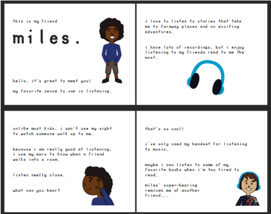 Four storybook pages introducing Miles, a blind boy who listens closely and loves audio stories.