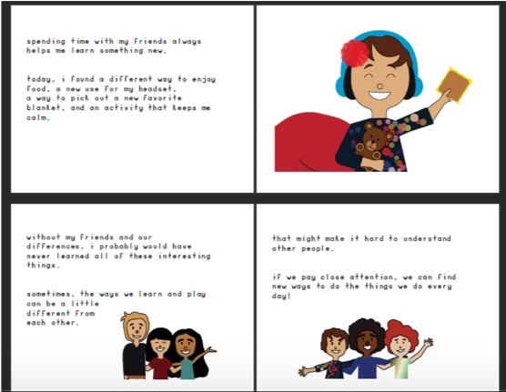 Four closing storybook pages where Fiona celebrates learning from her friends' differences.