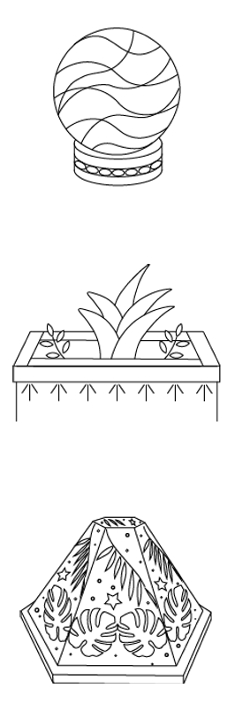 Line drawings of three Oasis devices: a wired orb, a planter box, and a leaf-etched lamp.