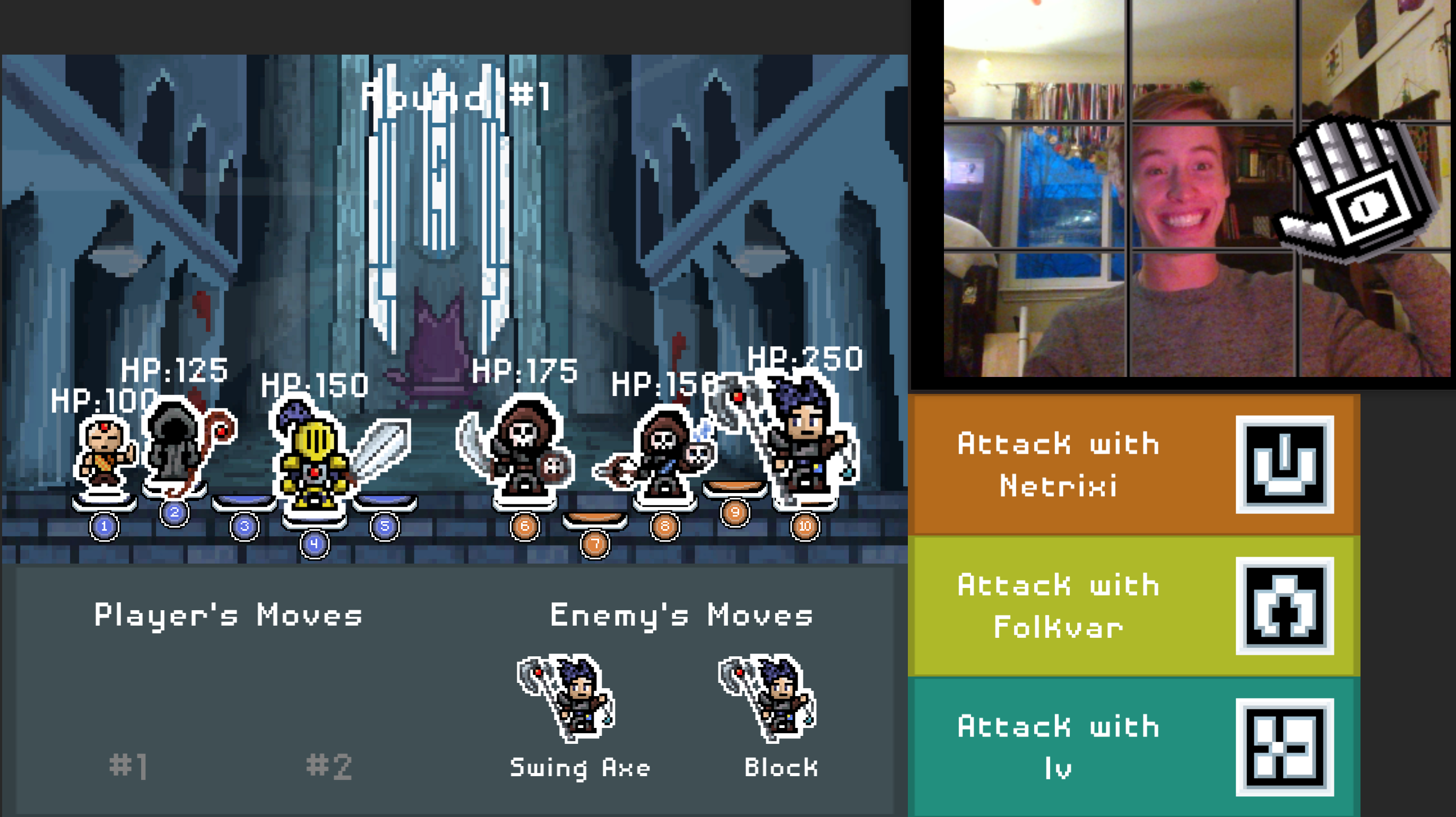 Pixel-art battle screen with a grinning player on webcam and three gesture-mapped attack buttons.