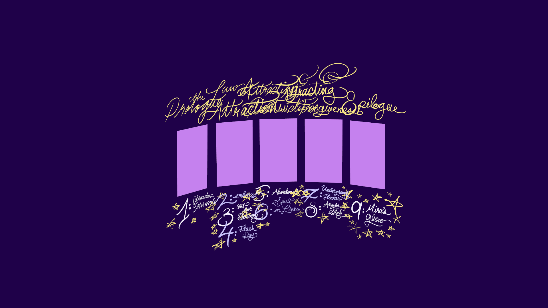 Purple title screen for Mira's Curse listing nine numbered story chapters in gold script.