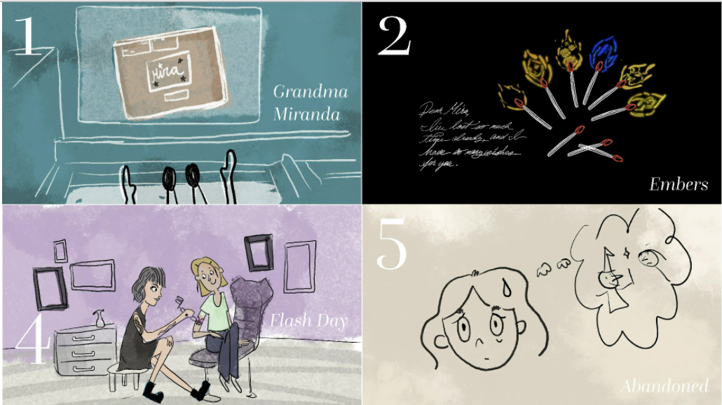 Four storyboard panels: a parcel on a TV, burning matchsticks, a tattoo session, a worried girl.