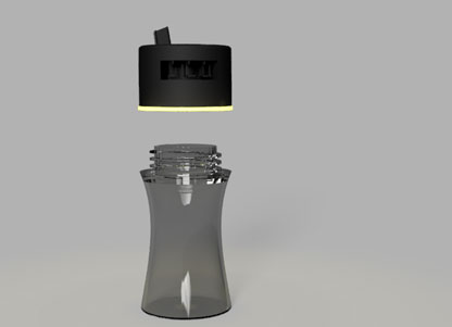 3D render of an hourglass-shaped bottle with its smart cap lifted off above the threaded neck.