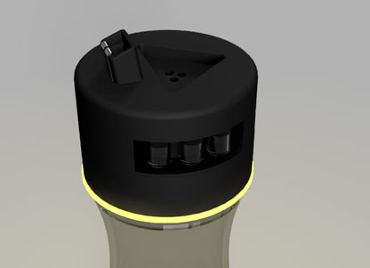 Close-up render of the bottle cap showing the straw mouthpiece and three aroma capsule ports.