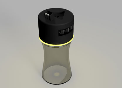 3D render of the hourglass smart water bottle, capped, with a glowing yellow ring at the neck.
