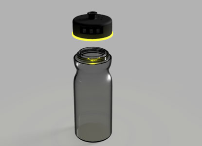 3D render of a sport water bottle with its black smart cap floating above, glowing yellow rim.