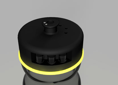 Close-up render of the black bottle cap with a glowing yellow ring and three aroma capsule slots.