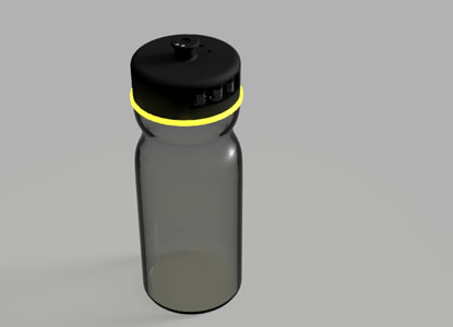 3D render of a sport water bottle with black smart cap and glowing yellow ring, angled view.