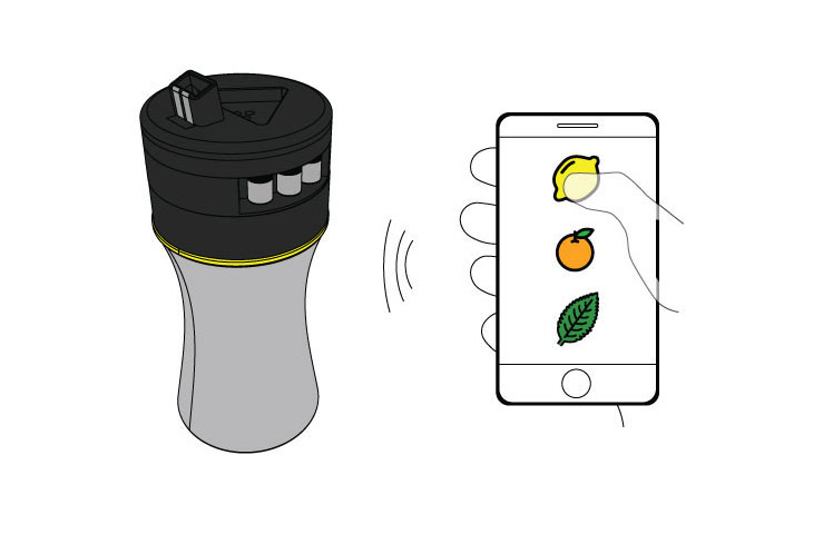 Illustration of a smart water bottle buzzing while a hand taps a fruit-flavor icon on a phone.