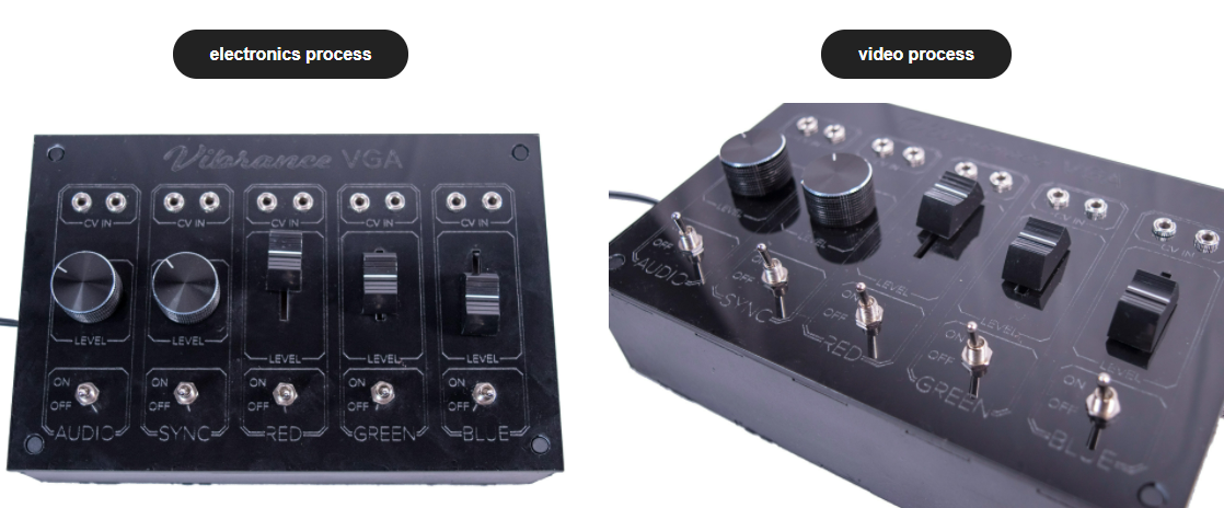 Two views of the Vibrance VGA synth panel with knobs and switches labeled audio, sync, red, green, blue.
