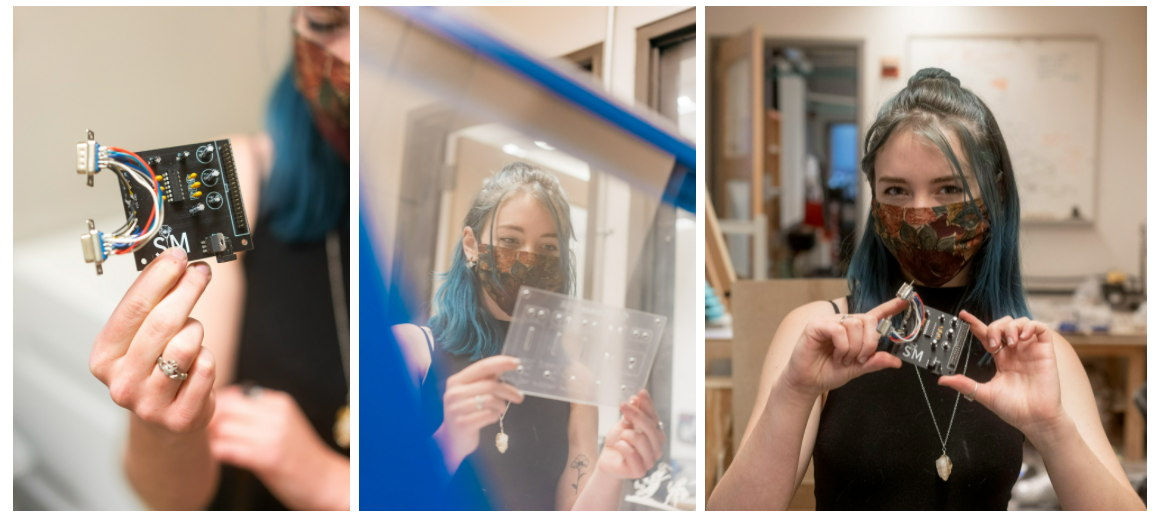 Three photos of a blue-haired maker holding a circuit board and acrylic faceplate for the synth.