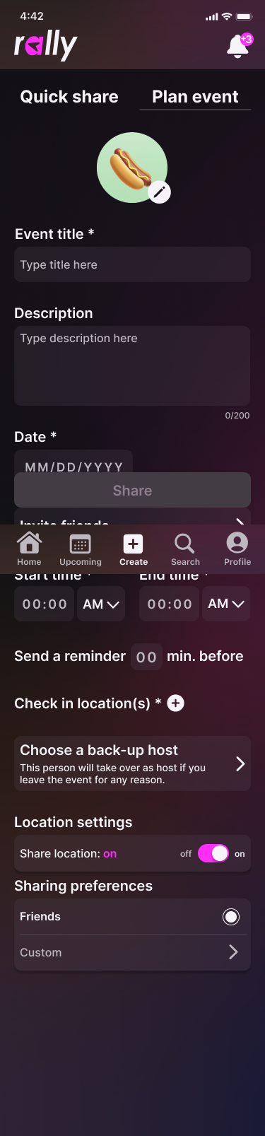Rally app create-event screen with title, description, date fields and a hot-dog event icon.