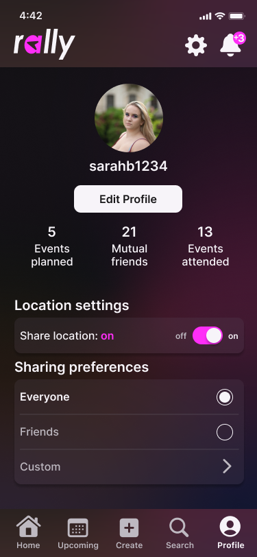 Rally profile screen for user sarahb1234 showing event stats and location-sharing toggles.
