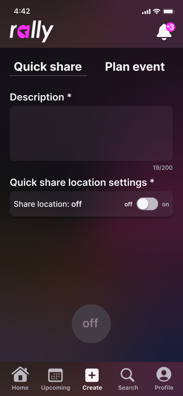 Rally Quick Share screen with a description box and a location-sharing on/off toggle.